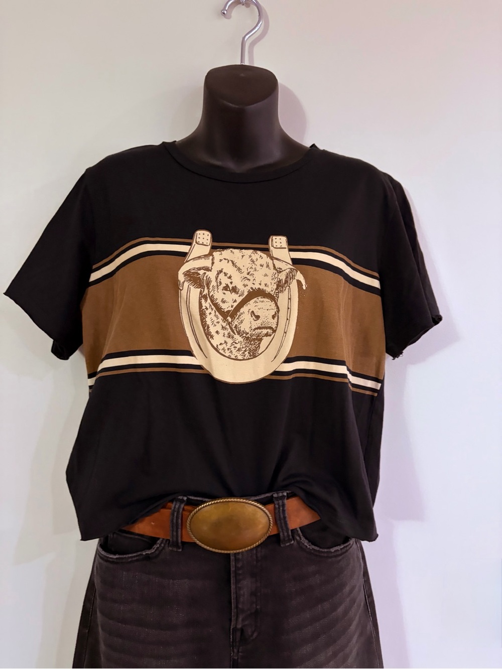 Women’s Black Graphic Tee with Brown Stripe and Bull Motif by 2-fly Co.